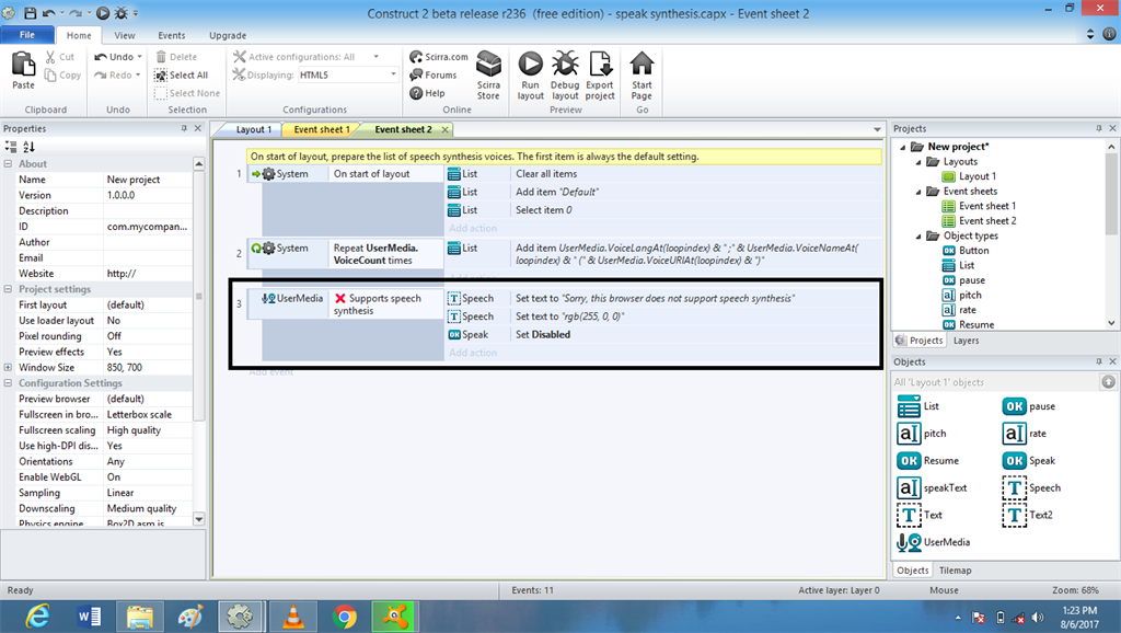 Voice Recognization Using Speech Synthesis In Game Construct 2
