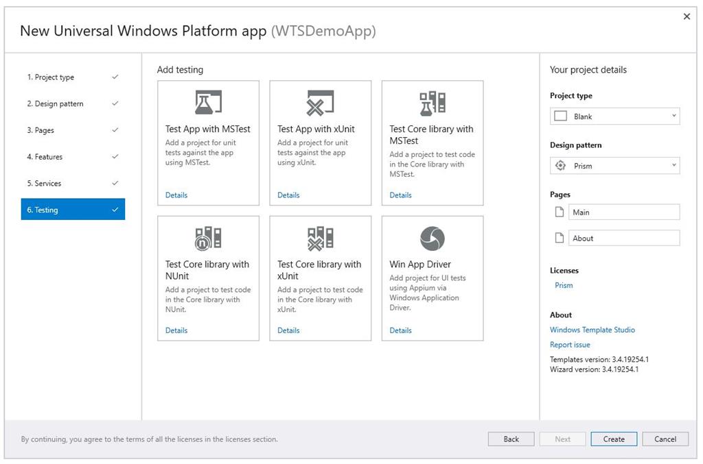 Windows Template Studio testing project list