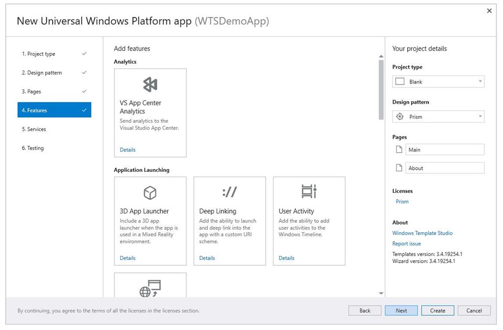 Windows Template Studio features
