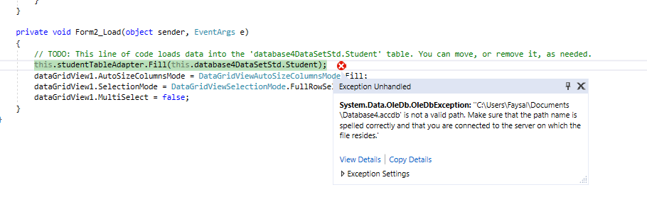 Exception Unhandled error in c#