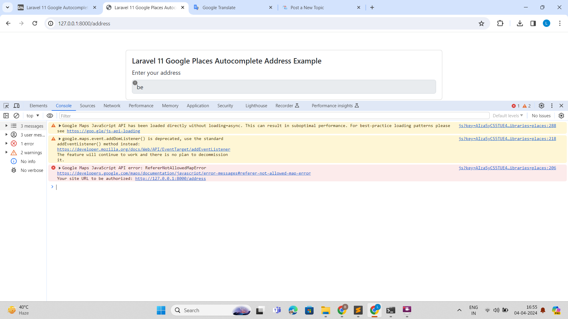PHP Laravel google maps places autocomplete not working